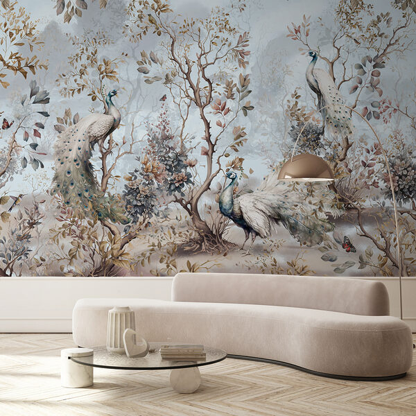 Painting of peacocks in a forest Painting of peacocks in a forest