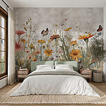 Wall murals Butterfly flying over a flower field