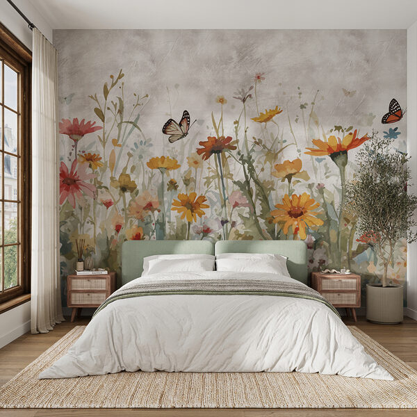 Wall murals Wall murals Butterfly flying over a flower field (SKU: u95406)