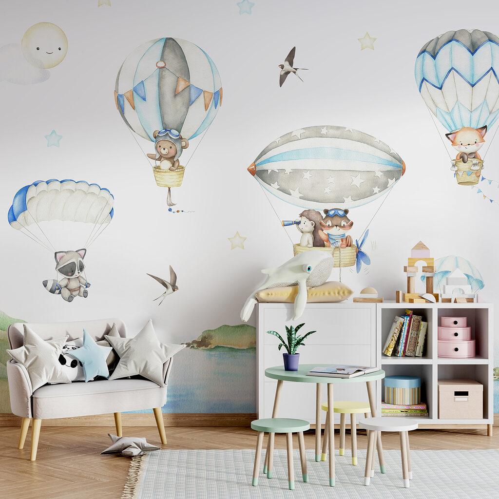 Group of animals in hot air balloons