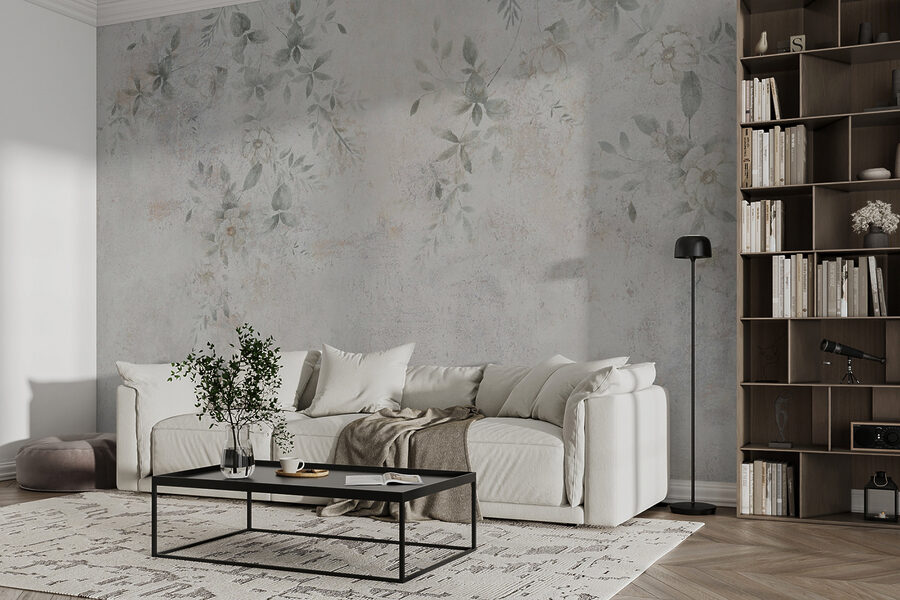 White wall with leaves and flowers