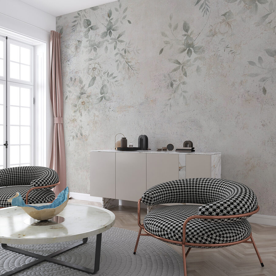 White wall with leaves and flowers