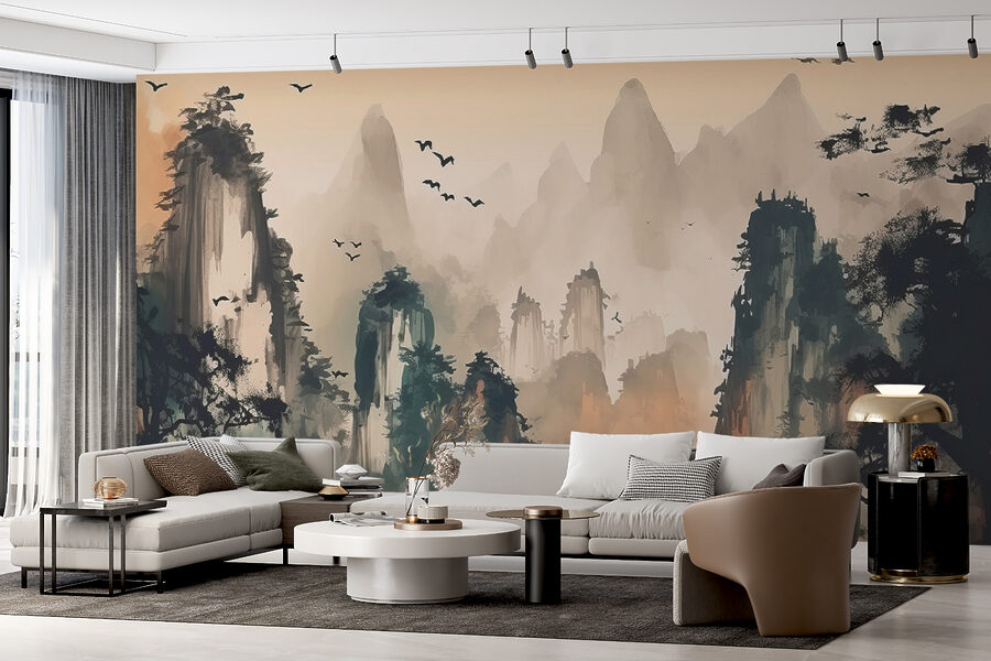 Painting of mountains and trees
