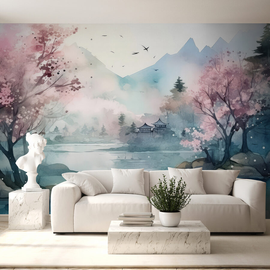Watercolor painting of a lake with trees and mountains