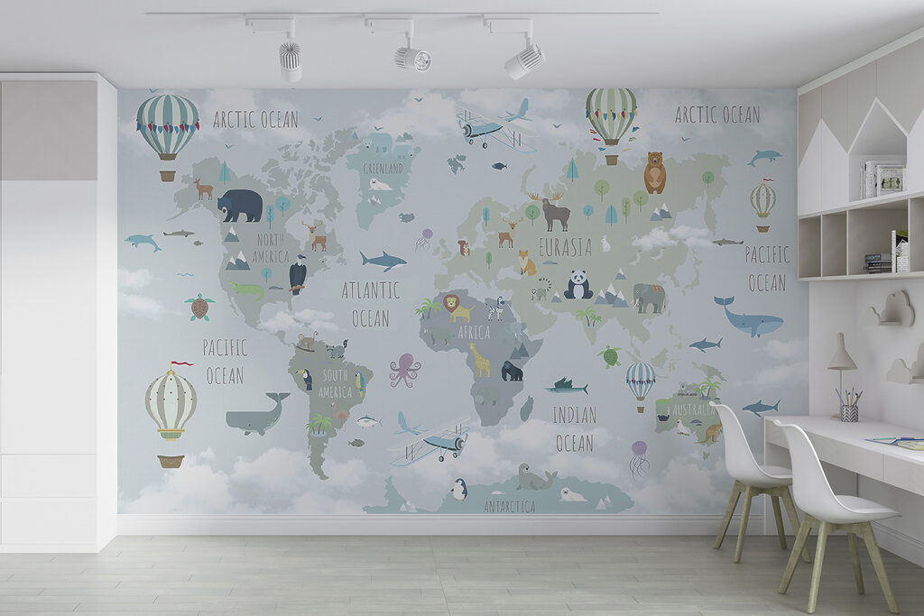 Map of the world with animals and birds