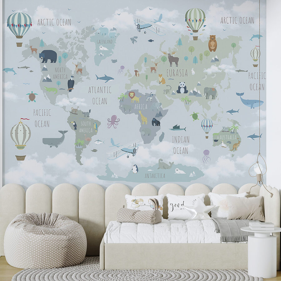 Wall murals Map of the world with animals and birds - Image 6