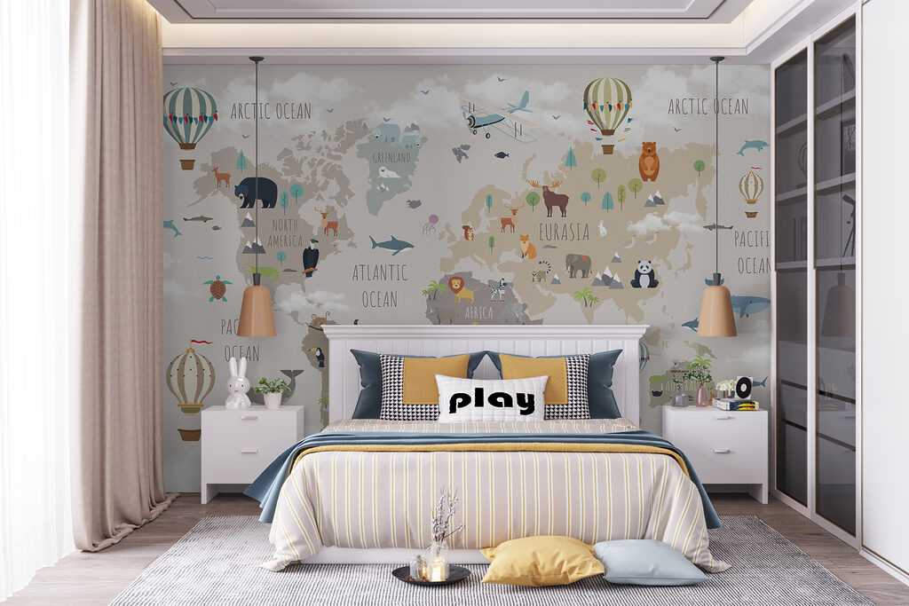 Map of the world with animals and birds