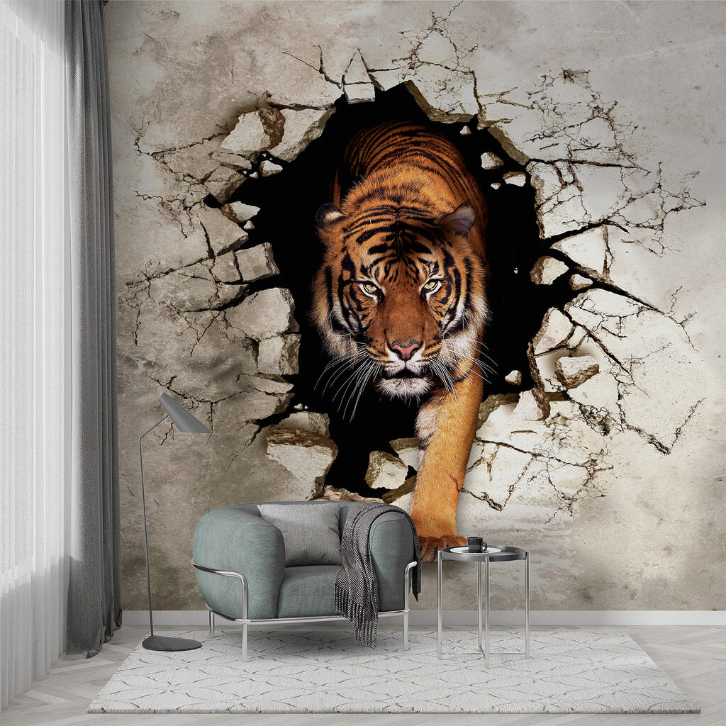 Tiger coming out of a hole in a wall