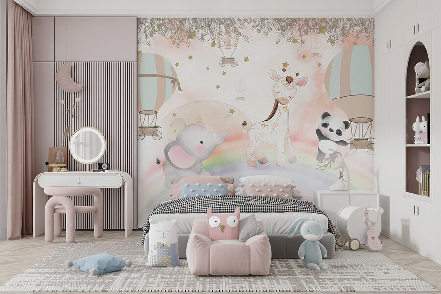 Cartoon animals on a rainbow