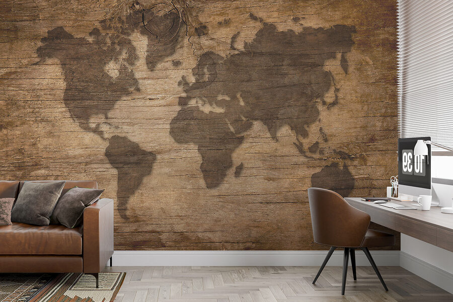 Wall murals Map of the world on a wood surface - Image 4