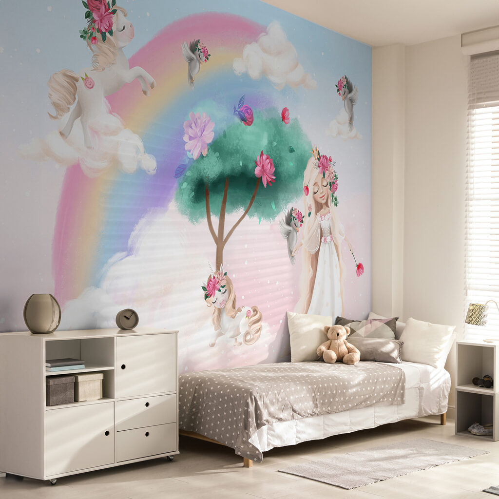 Cartoon of a girl with flowers on her hair and a rainbow Cartoon of a girl with flowers on her hair and a rainbow