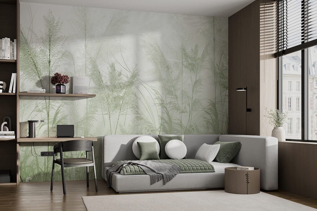 A foggy field of grass