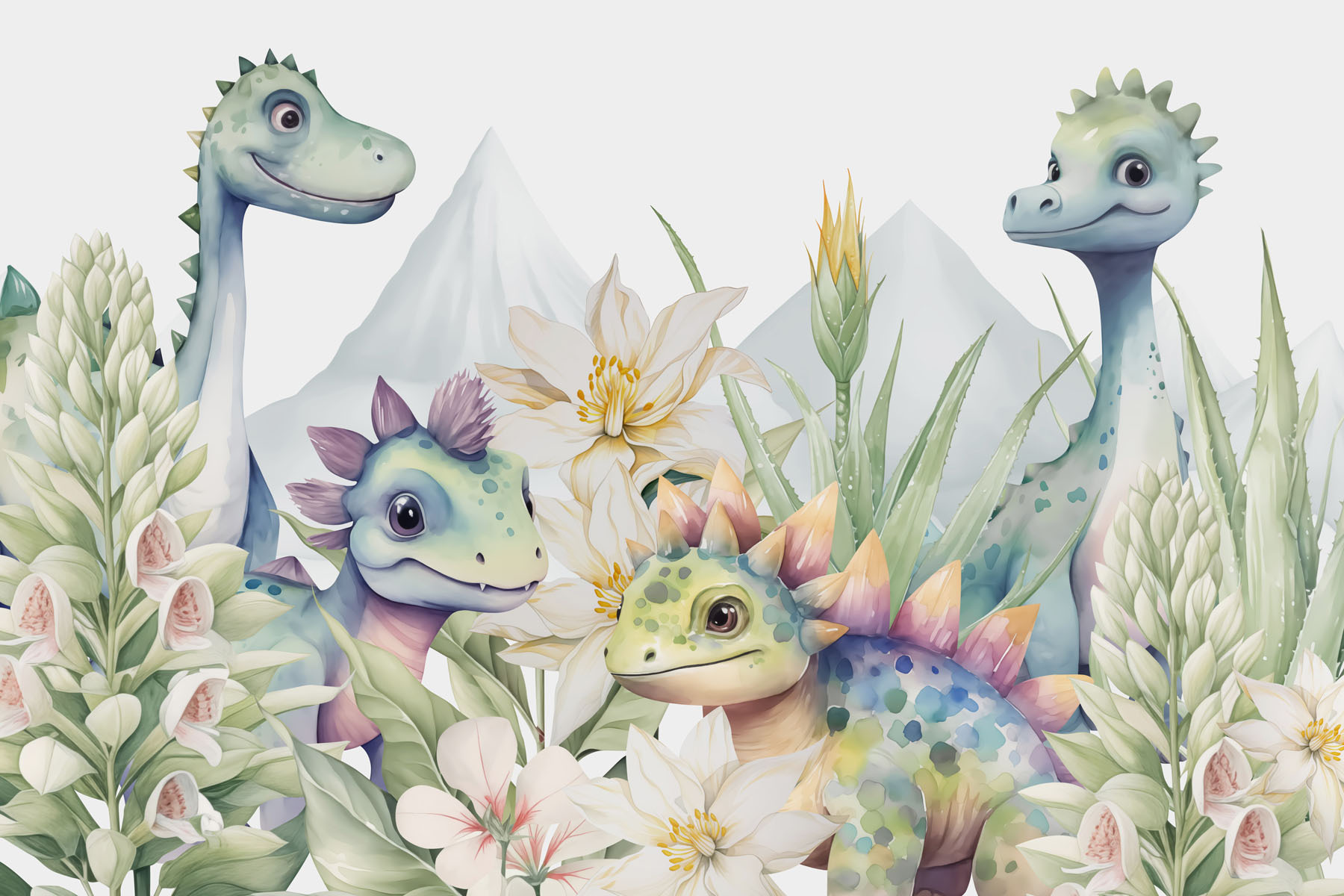 Group of dinosaurs surrounded by flowers Group of dinosaurs surrounded by flowers