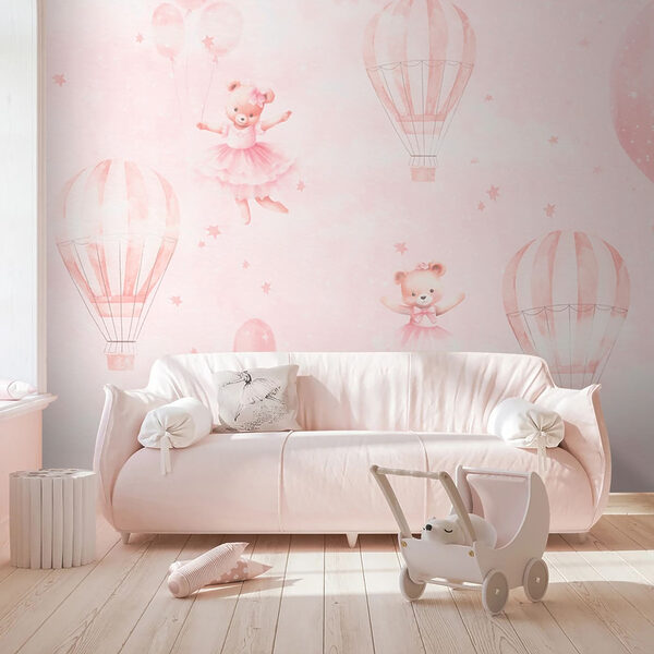 A pink background with teddy bears and hot air balloons