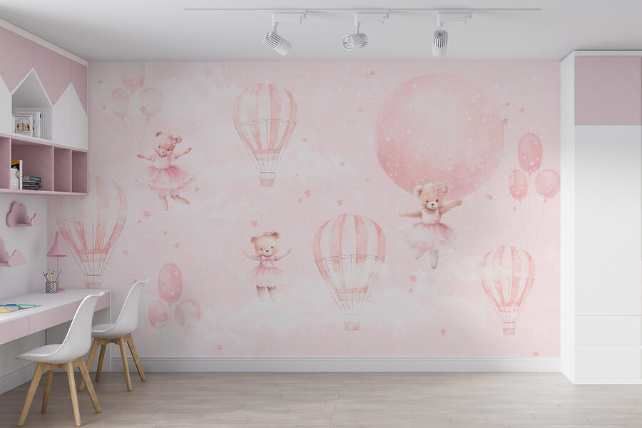 Wall murals A pink background with teddy bears and hot air balloons - Image 3