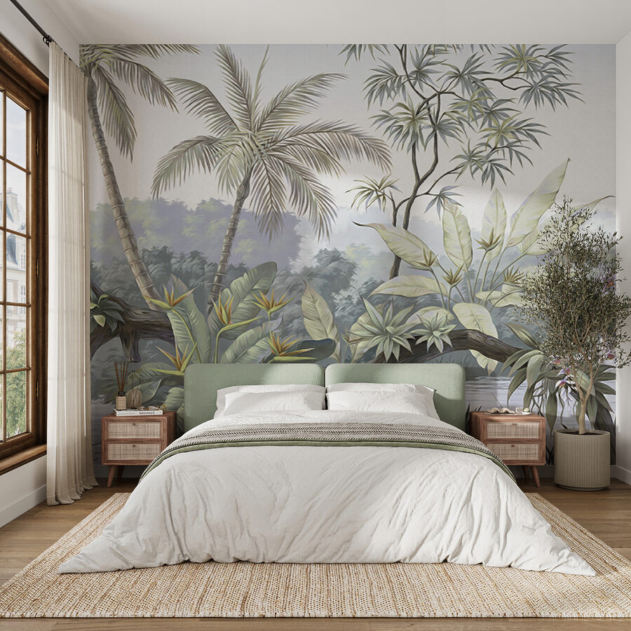 A mural of a forest with trees and water A mural of a forest with trees and water
