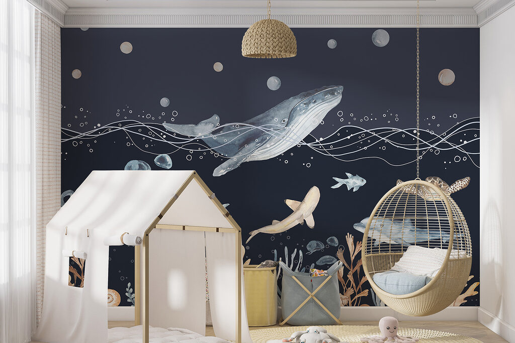 A watercolor of a whale and fish A watercolor of a whale and fish