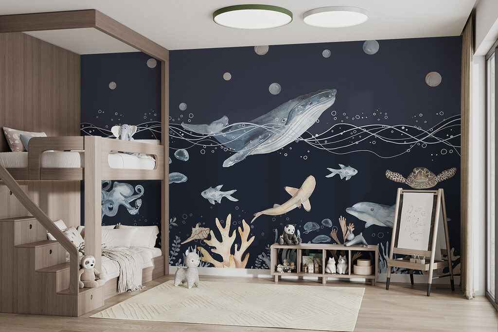 A watercolor of a whale and fish A watercolor of a whale and fish