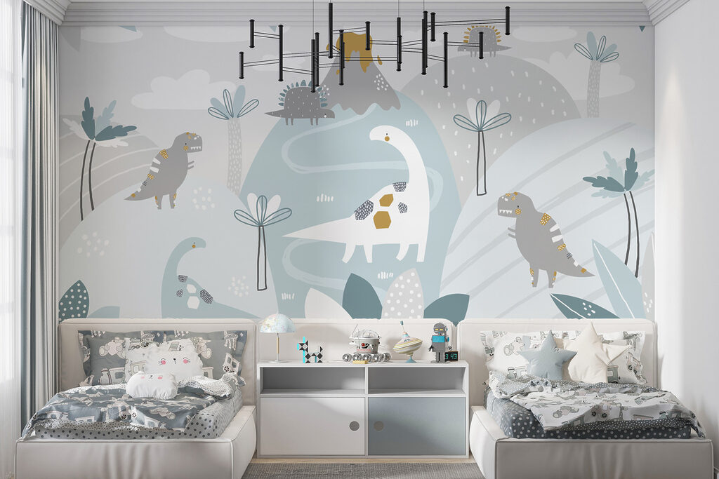 A cartoon dinosaur with a volcano and plants A cartoon dinosaur with a volcano and plants