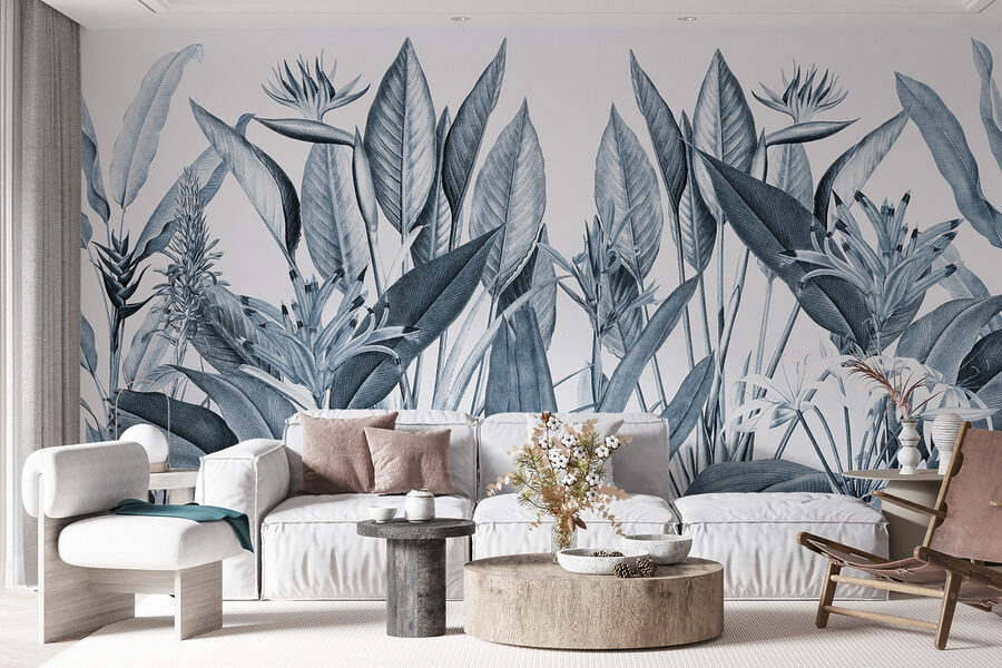 Tropical foliage in monochrome shades.