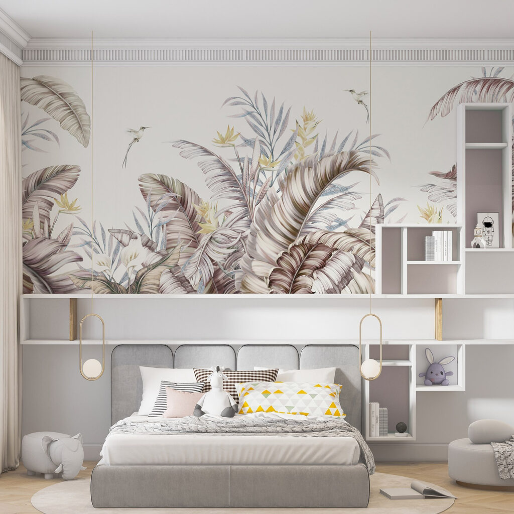 A painting of tropical plants and birds A painting of tropical plants and birds