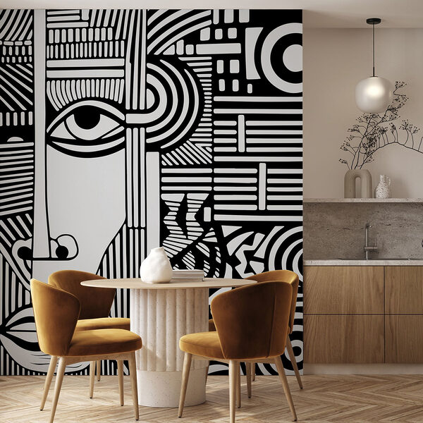 A black and white drawing of a face