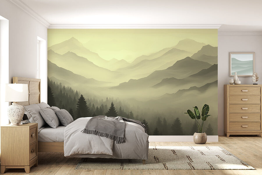 Foggy mountain landscape with trees