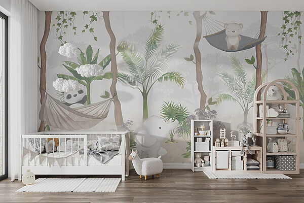 A wallpaper with animals in hammocks in the forest A wallpaper with animals in hammocks in the forest