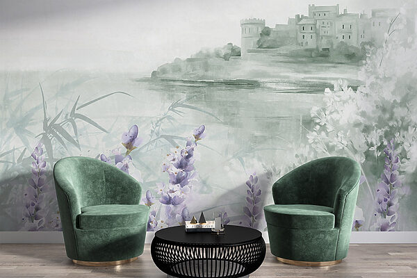 Watercolor painting of a castle and flowers Watercolor painting of a castle and flowers