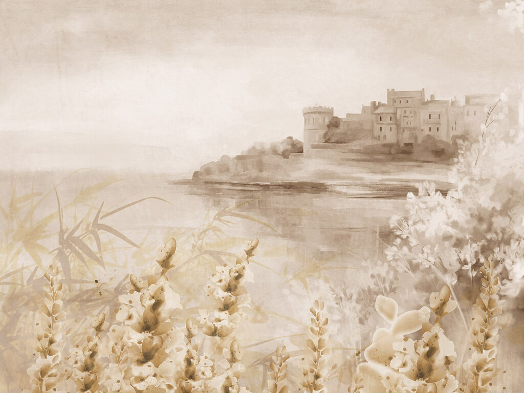Painting of a castle and a lake Painting of a castle and a lake