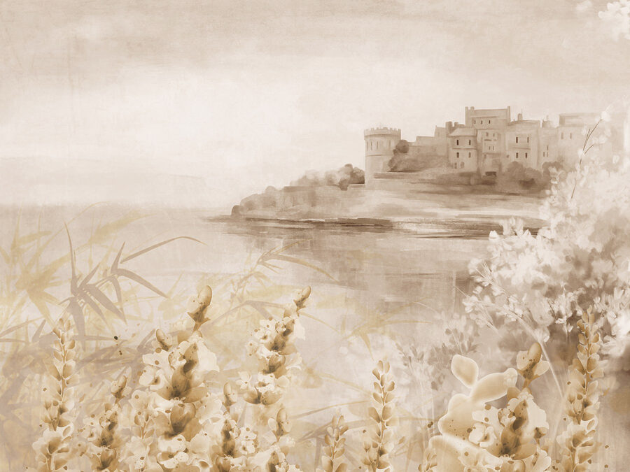 Painting of a castle and a lake Painting of a castle and a lake