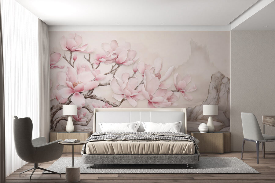 Painting of a tree with pink flowers