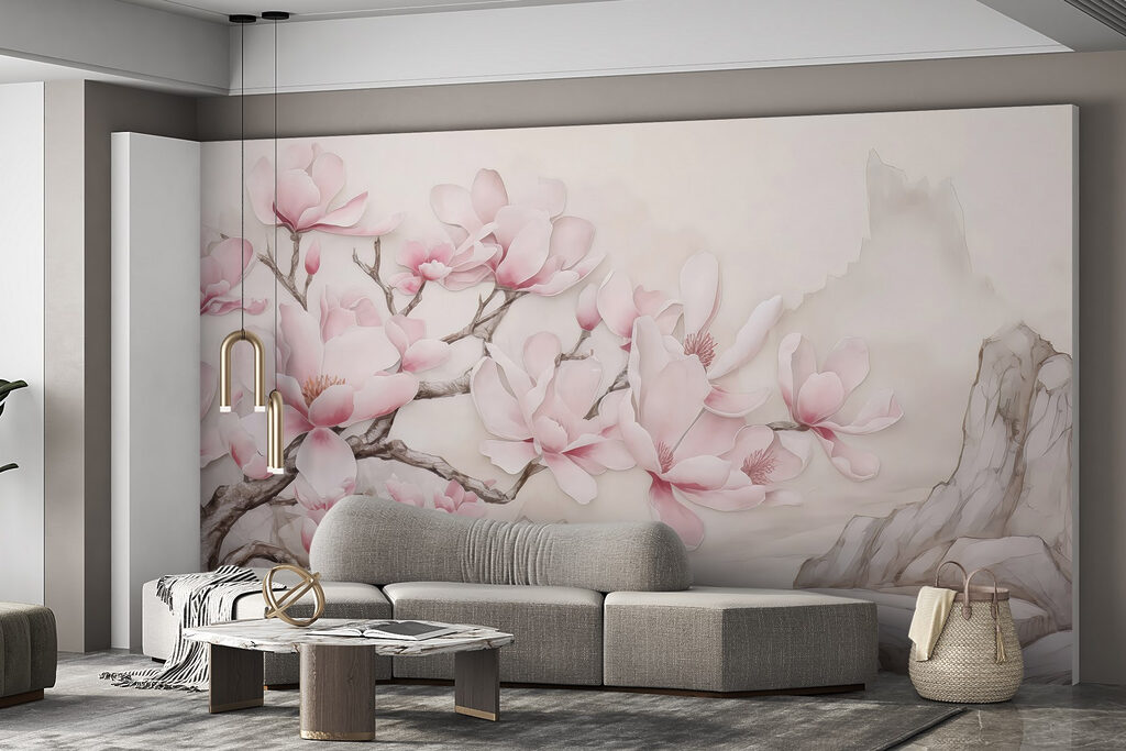 Painting of a tree with pink flowers