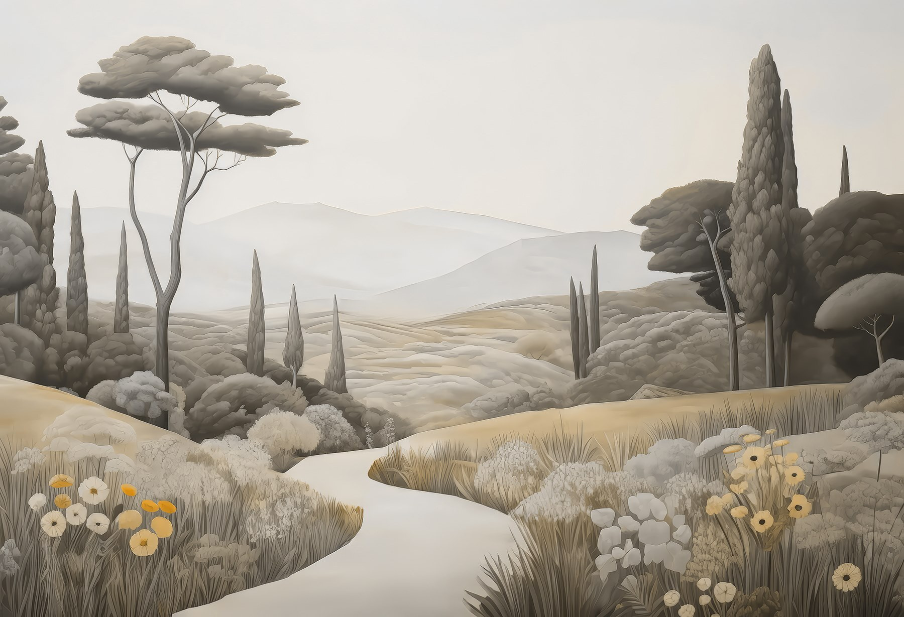 Landscape with a winding road and trees Landscape with a winding road and trees