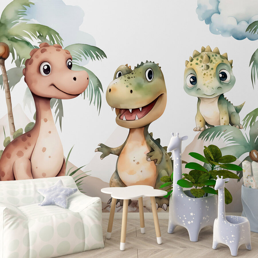 Group of dinosaurs standing on rocks
