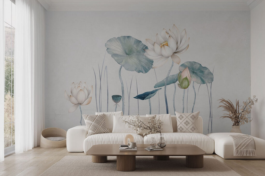 Painting of flowers and leaves in water