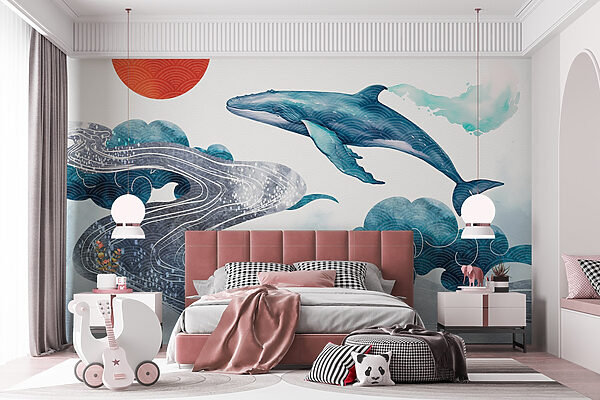Whale and water with a red sun Whale and water with a red sun