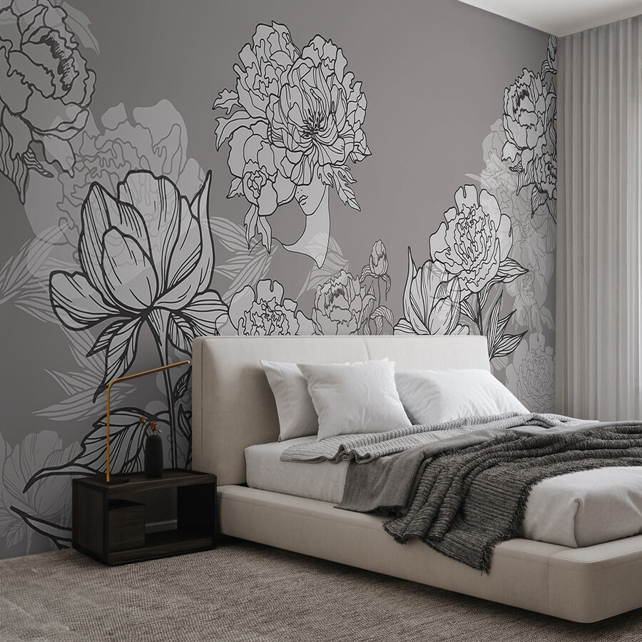 Wall murals Line of flowers on a gray background