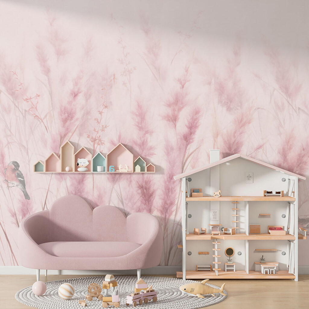 A group of birds in a field of pink grass A group of birds in a field of pink grass