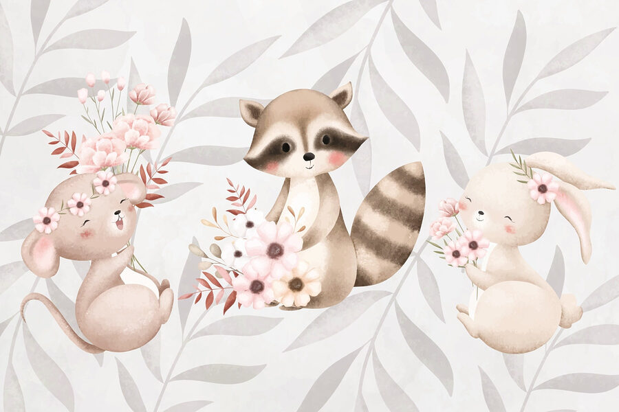 Raccoon and rabbit holding flowers