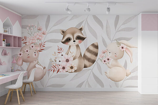 Raccoon and rabbit holding flowers Raccoon and rabbit holding flowers