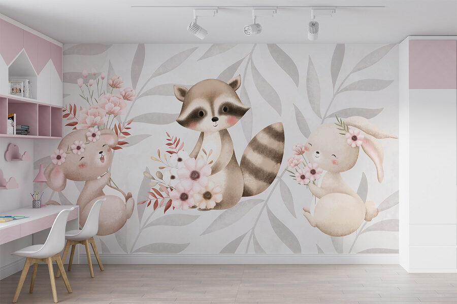 Raccoon and rabbit holding flowers