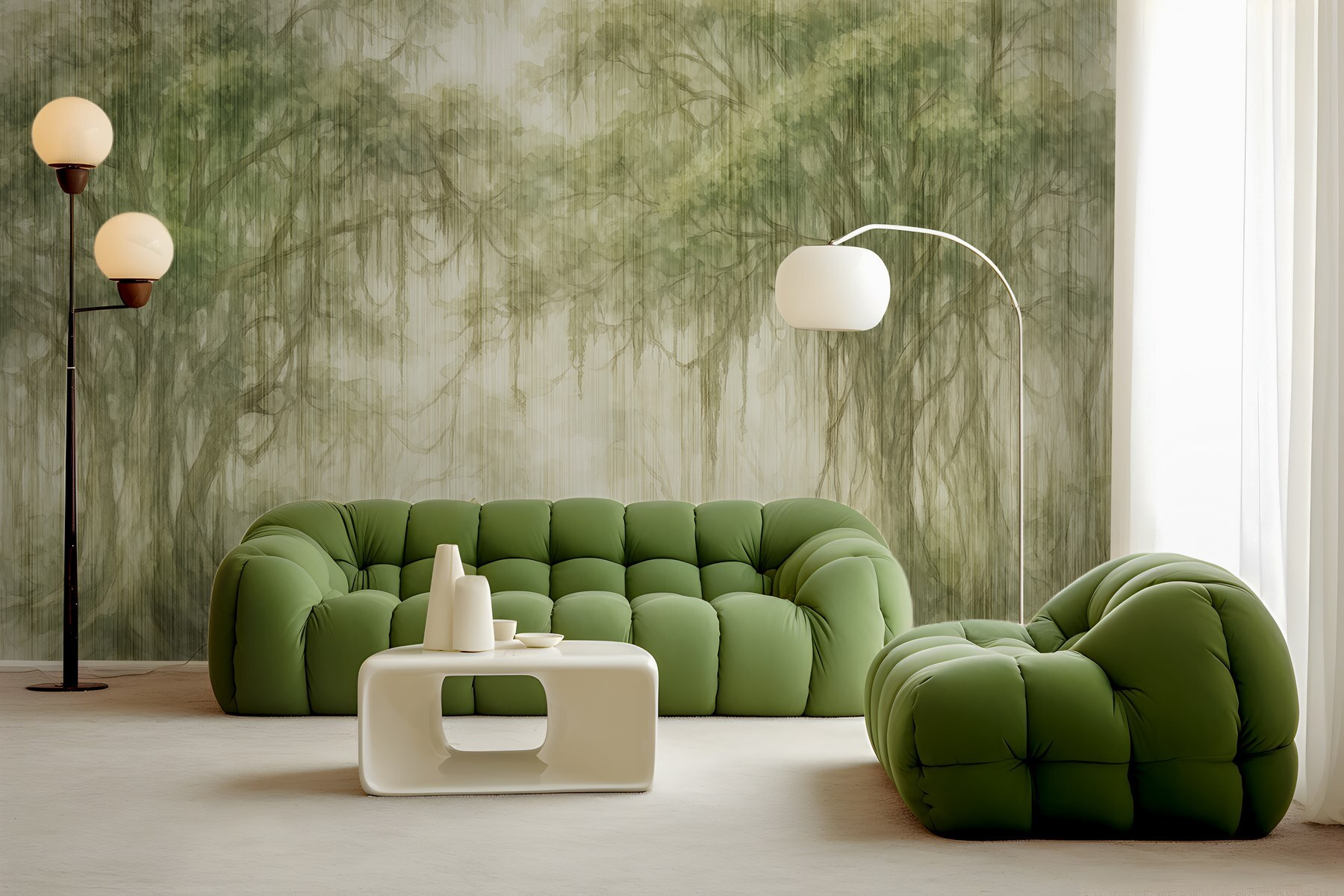 Painting of trees in a foggy forest Painting of trees in a foggy forest