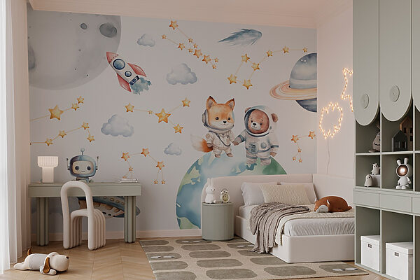 Watercolor cartoon of animals in space Watercolor cartoon of animals in space