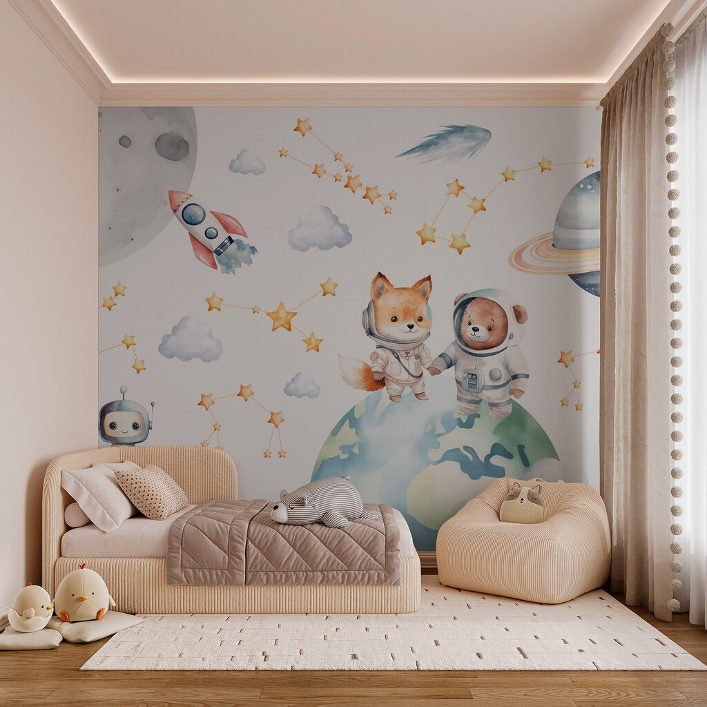 Watercolor cartoon of animals in space Watercolor cartoon of animals in space