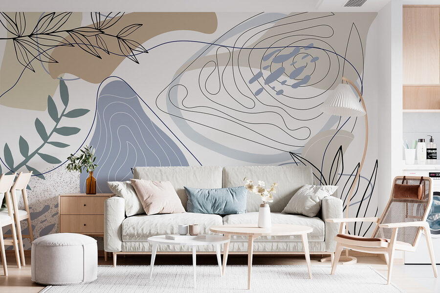 Abstract shapes and leafy accents.
