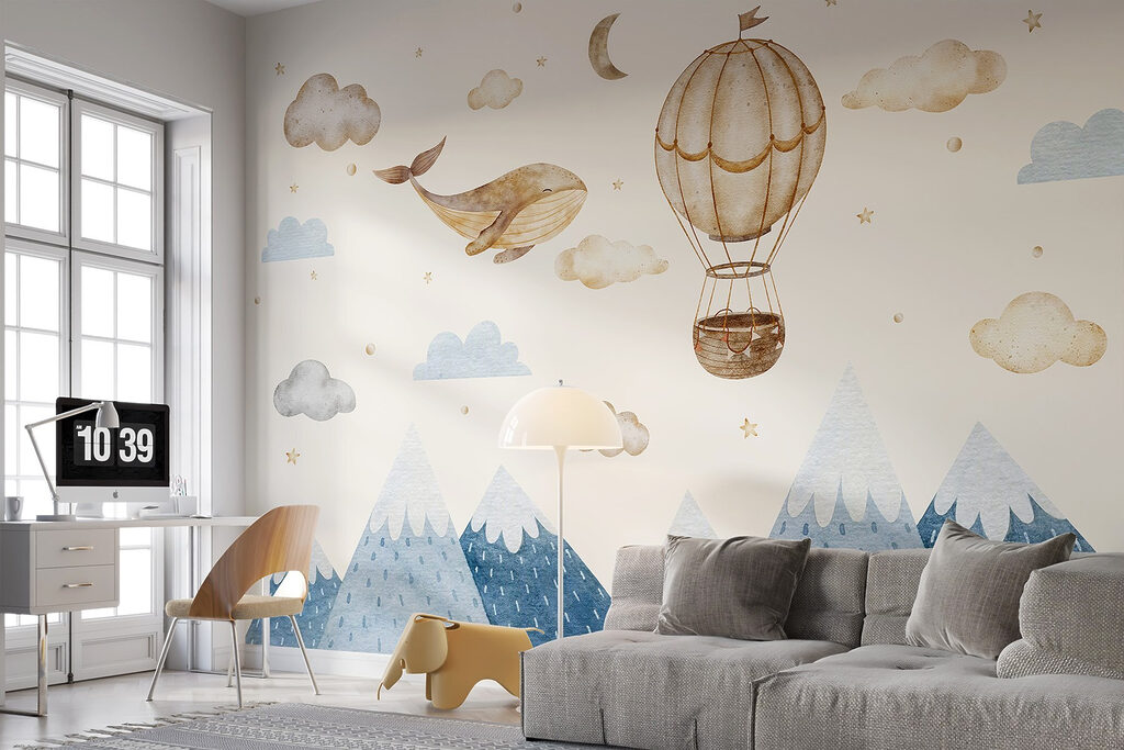 Whale and hot air balloon in the sky