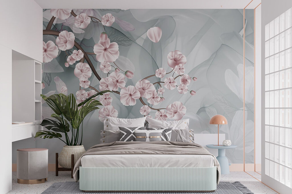 Branch with pink flowers and white flowers