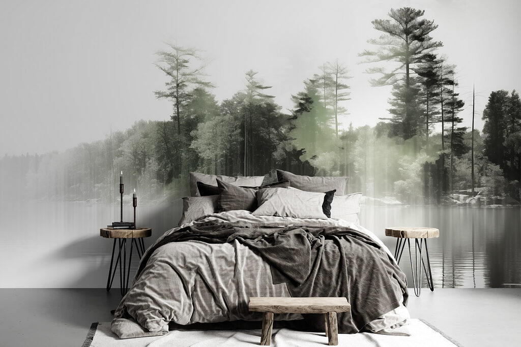 Body of water with trees and fog Body of water with trees and fog