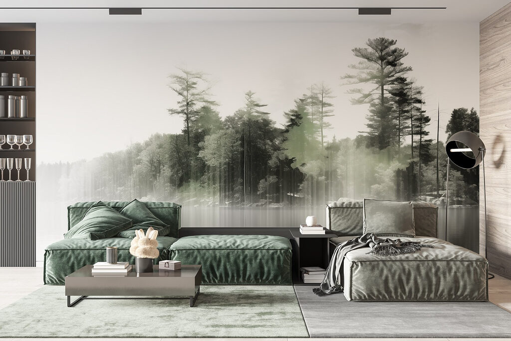 Body of water with trees and fog Body of water with trees and fog